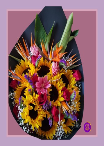 Bouquet de Girasoles con Hawaianas, Rosas y Aves de Paraíso